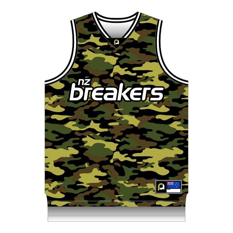 Product image of the NZ Breakers singlet with a camo pattern