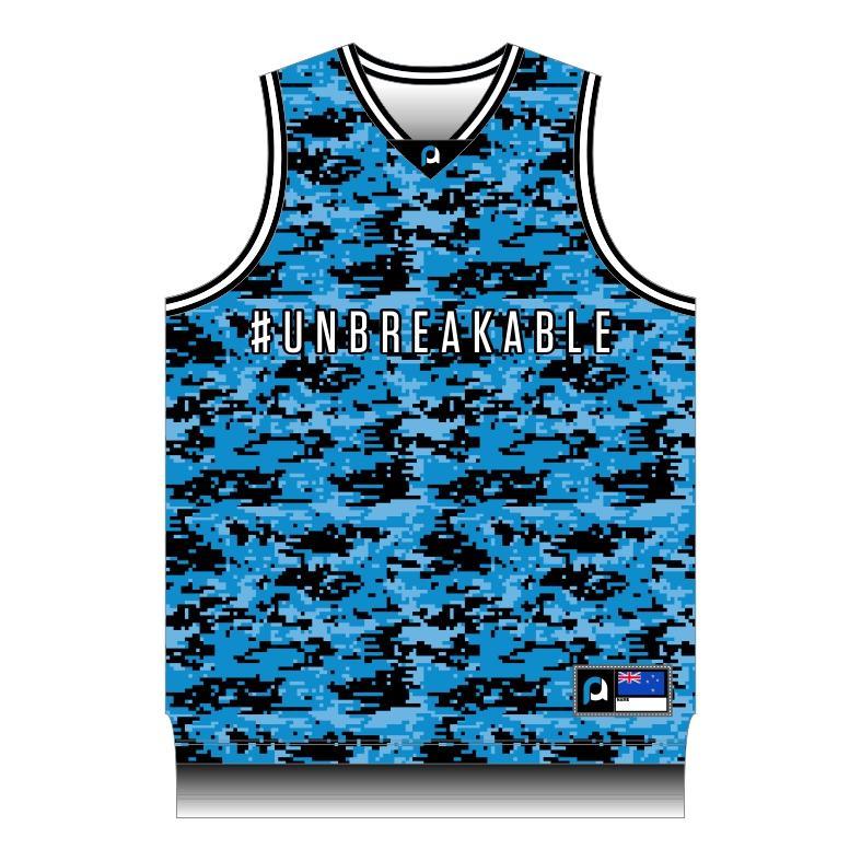 Product image of the NZ Breakers singlet with a digital camo pattern