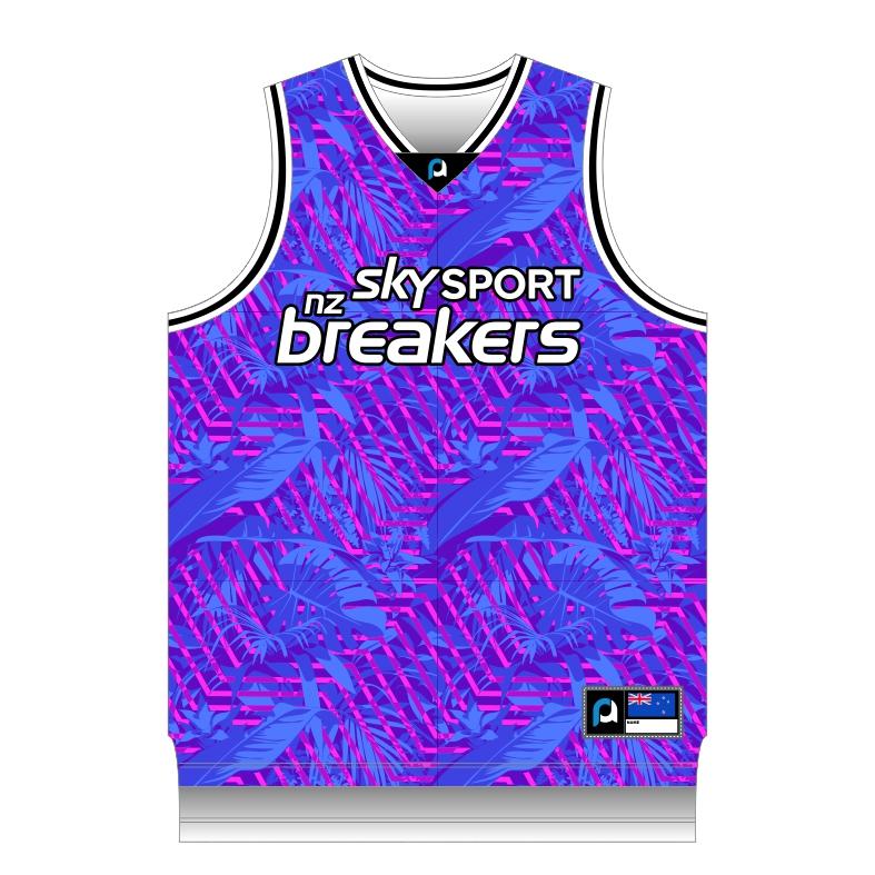 Product image of the NZ Breakers singlet with a purple fluro pattern